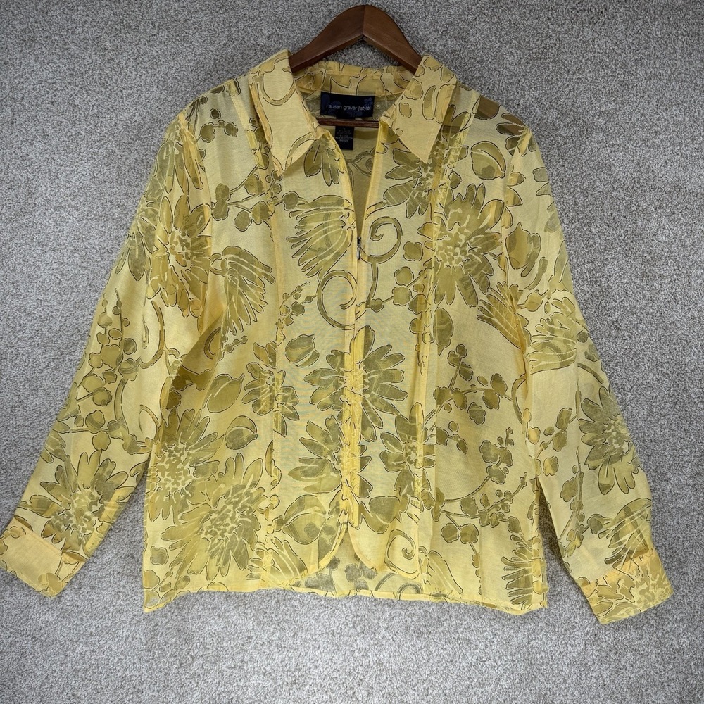 Susan Graver L Sheer Floral Jacket Yellow Beach Summer Cottage Core Lightweight